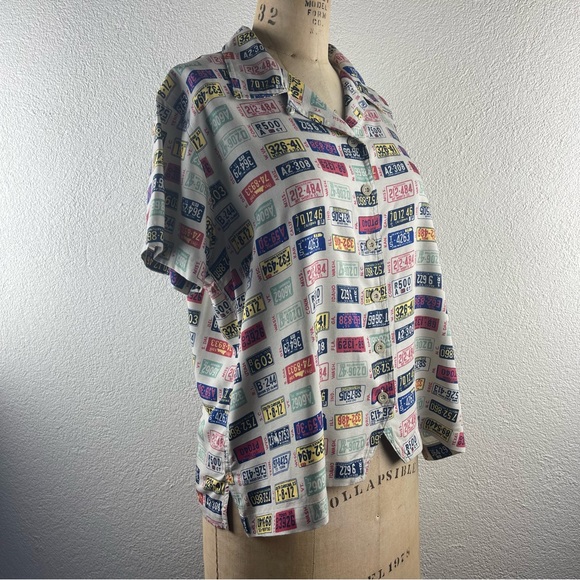 Vintage l 90s L Liz Claiborne Novelty USA State License Plates Loop Collar Shirt - Picture 8 of 14